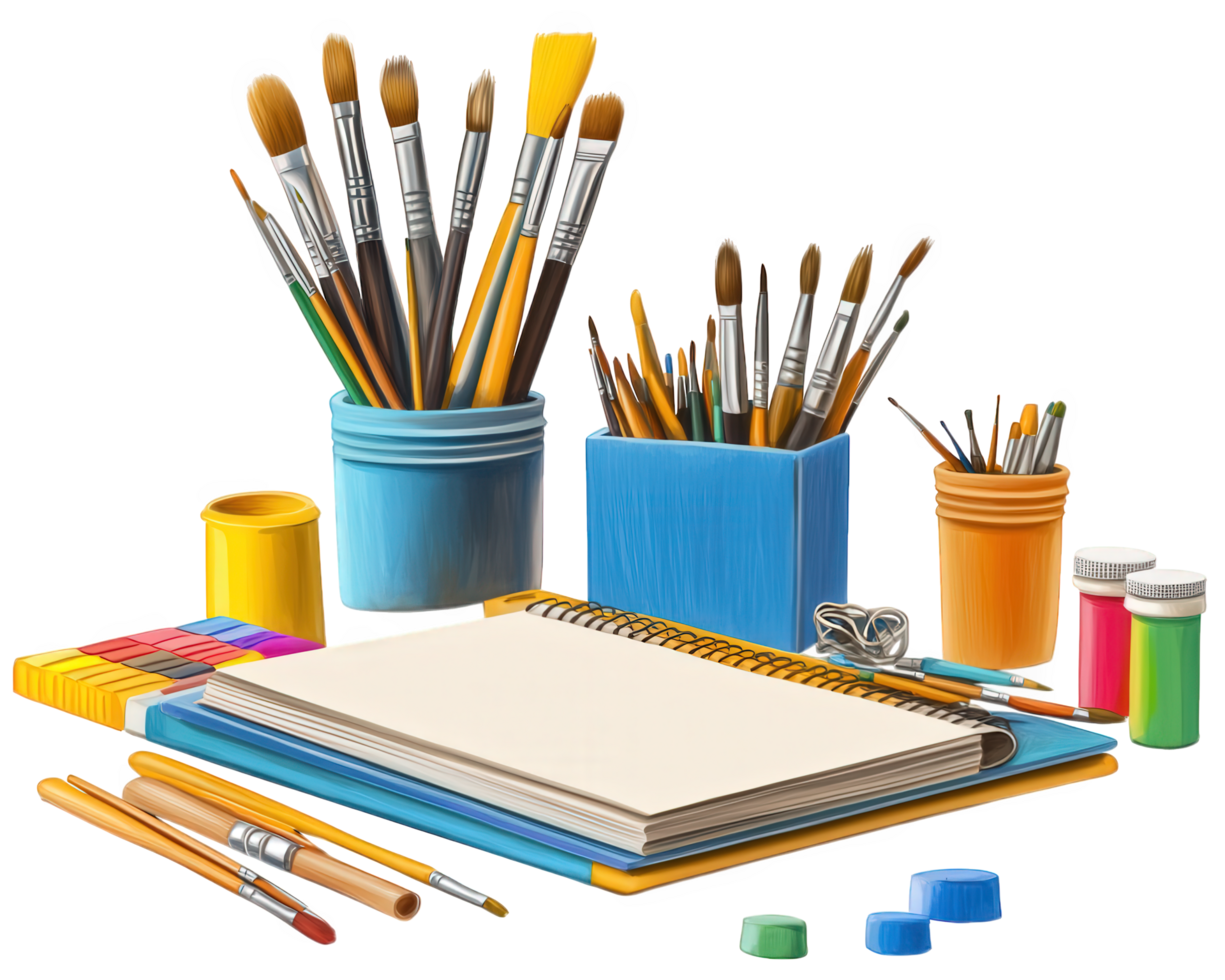Art supplies, pencils, and a notebook png
