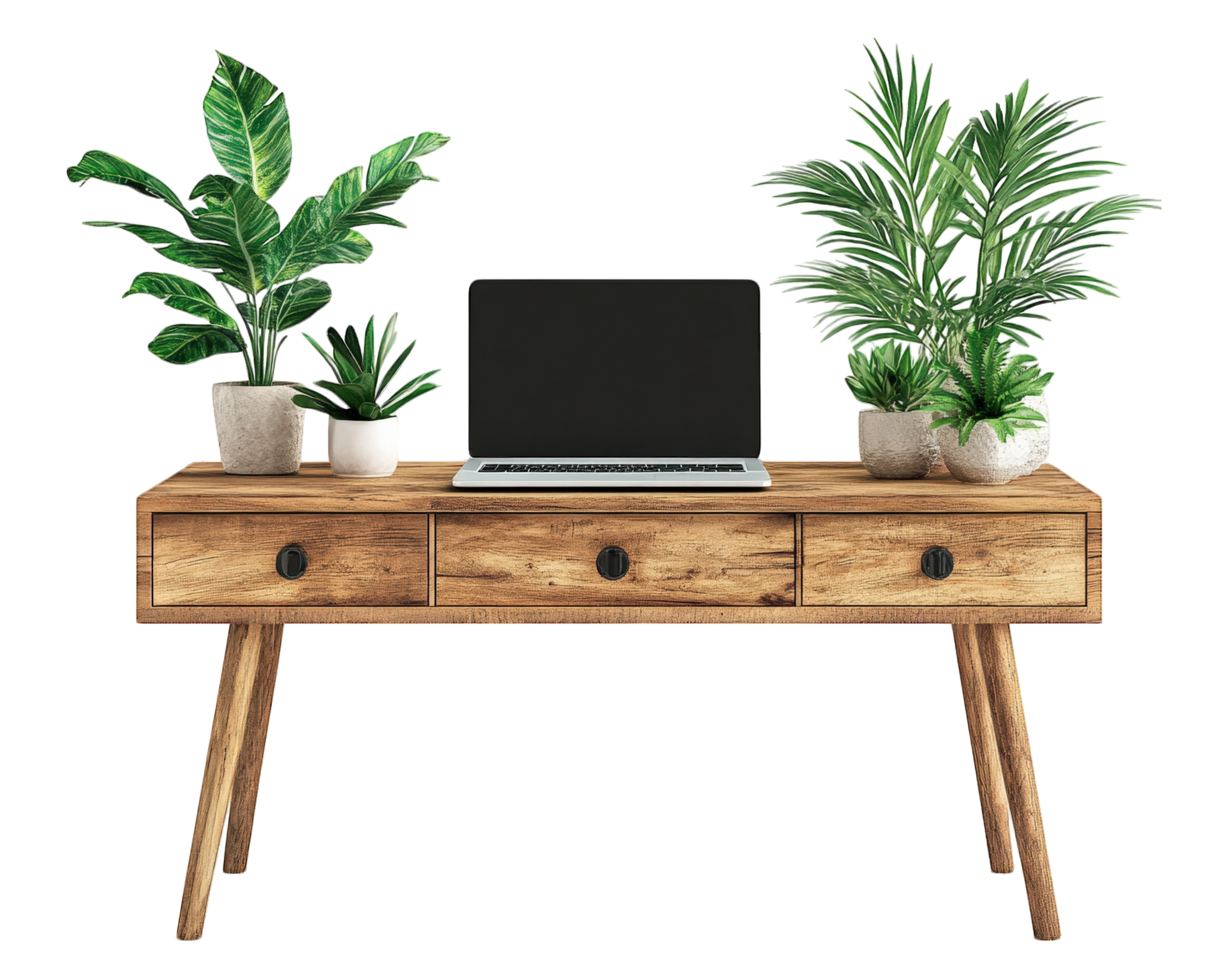 A wooden desk with a laptop and two potted plants png