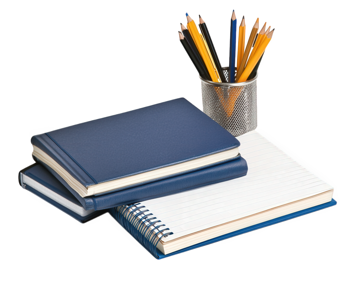 A notebook, pencils and a cup with a pencil png