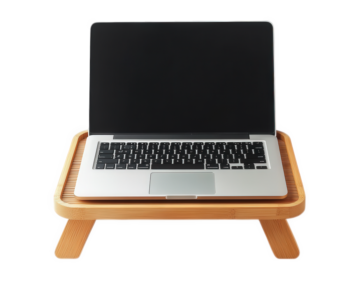 A laptop on a wooden stand with a black screen png