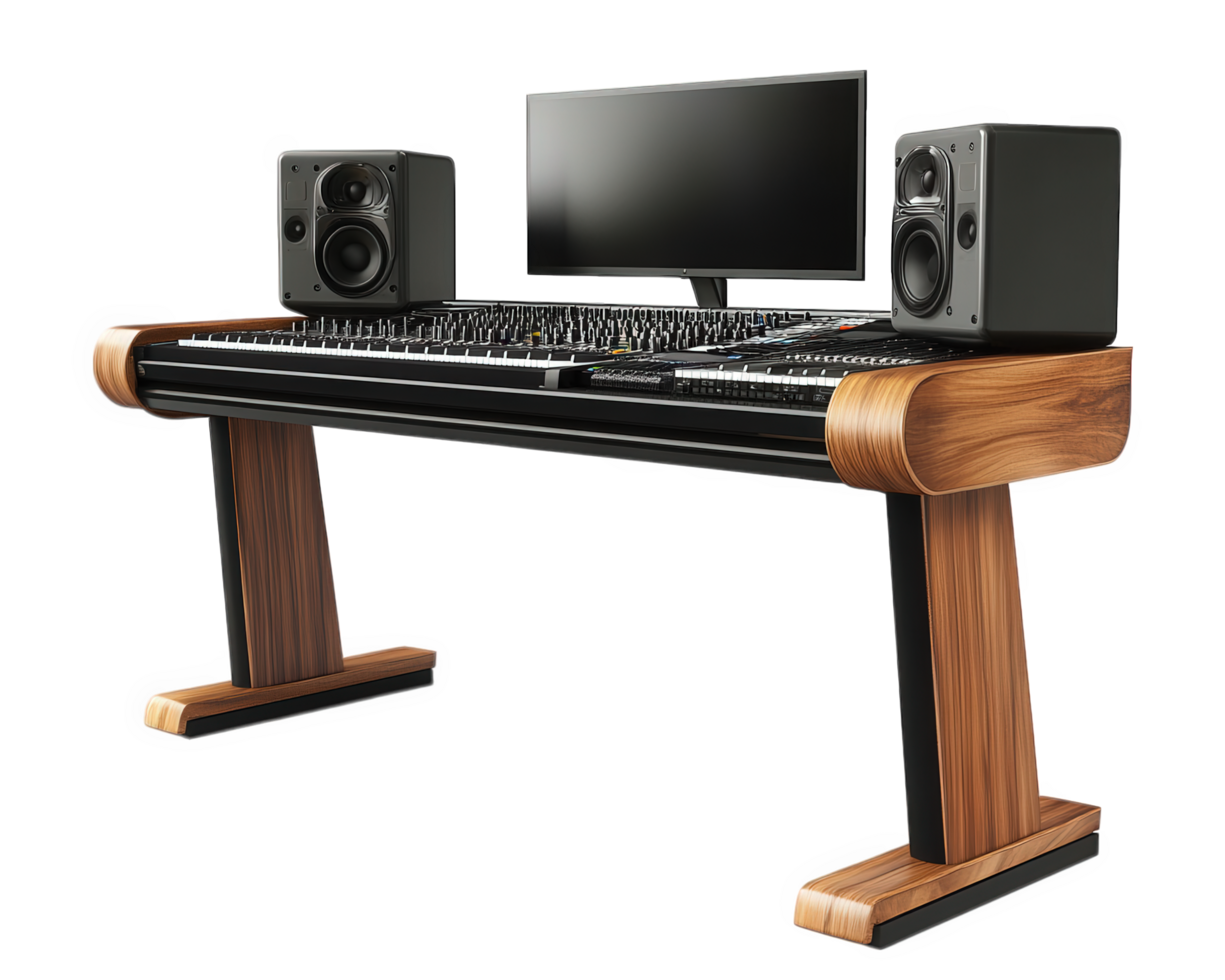 A music studio with a computer and speakers png