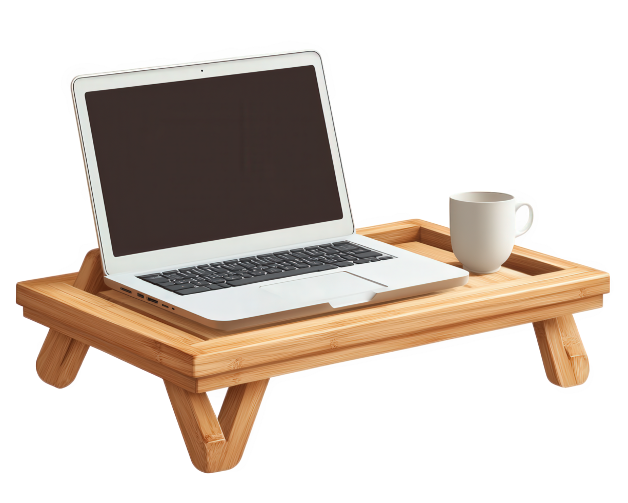 A laptop on a wooden tray with a cup of coffee png