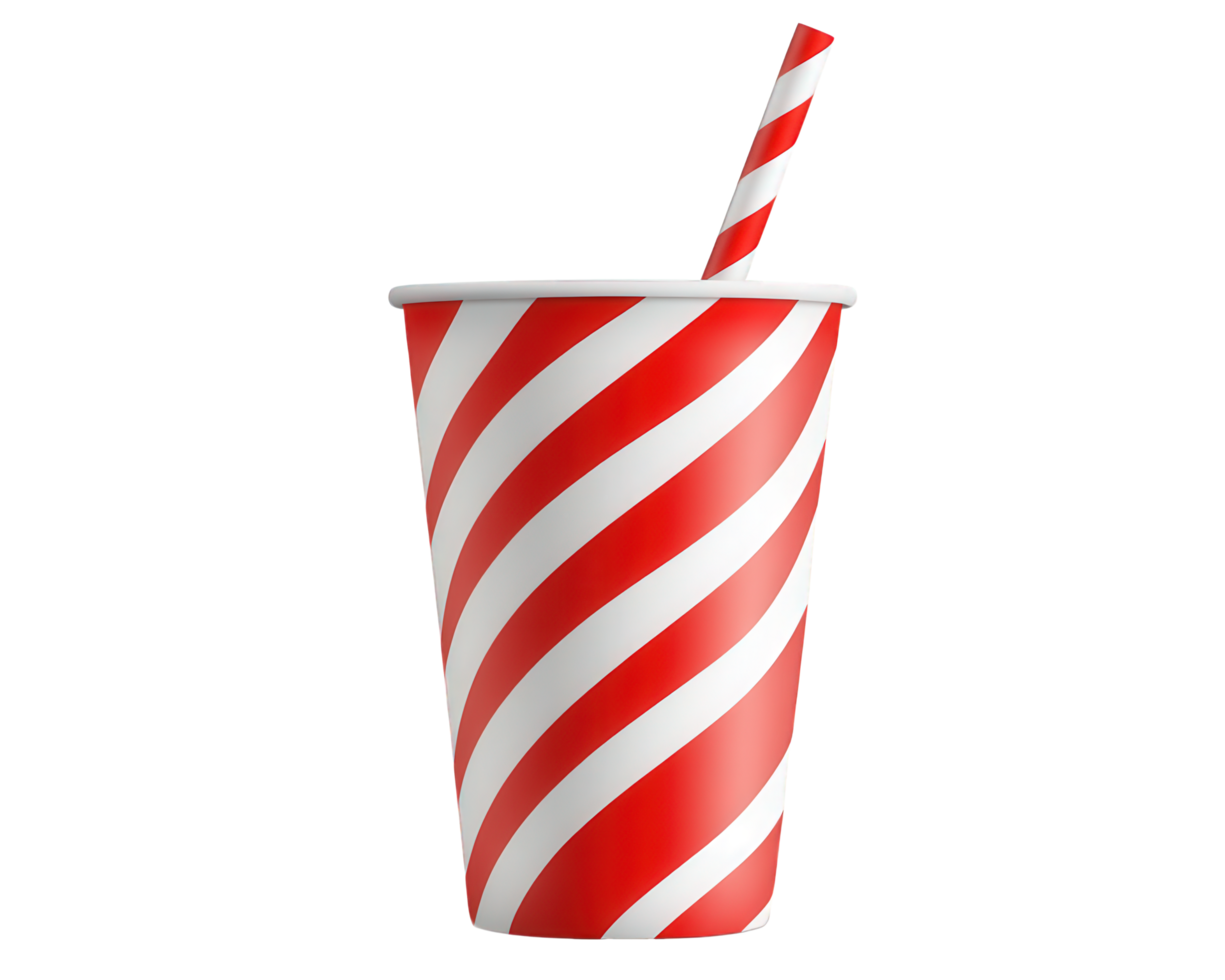 A red and white striped paper cup with a straw png