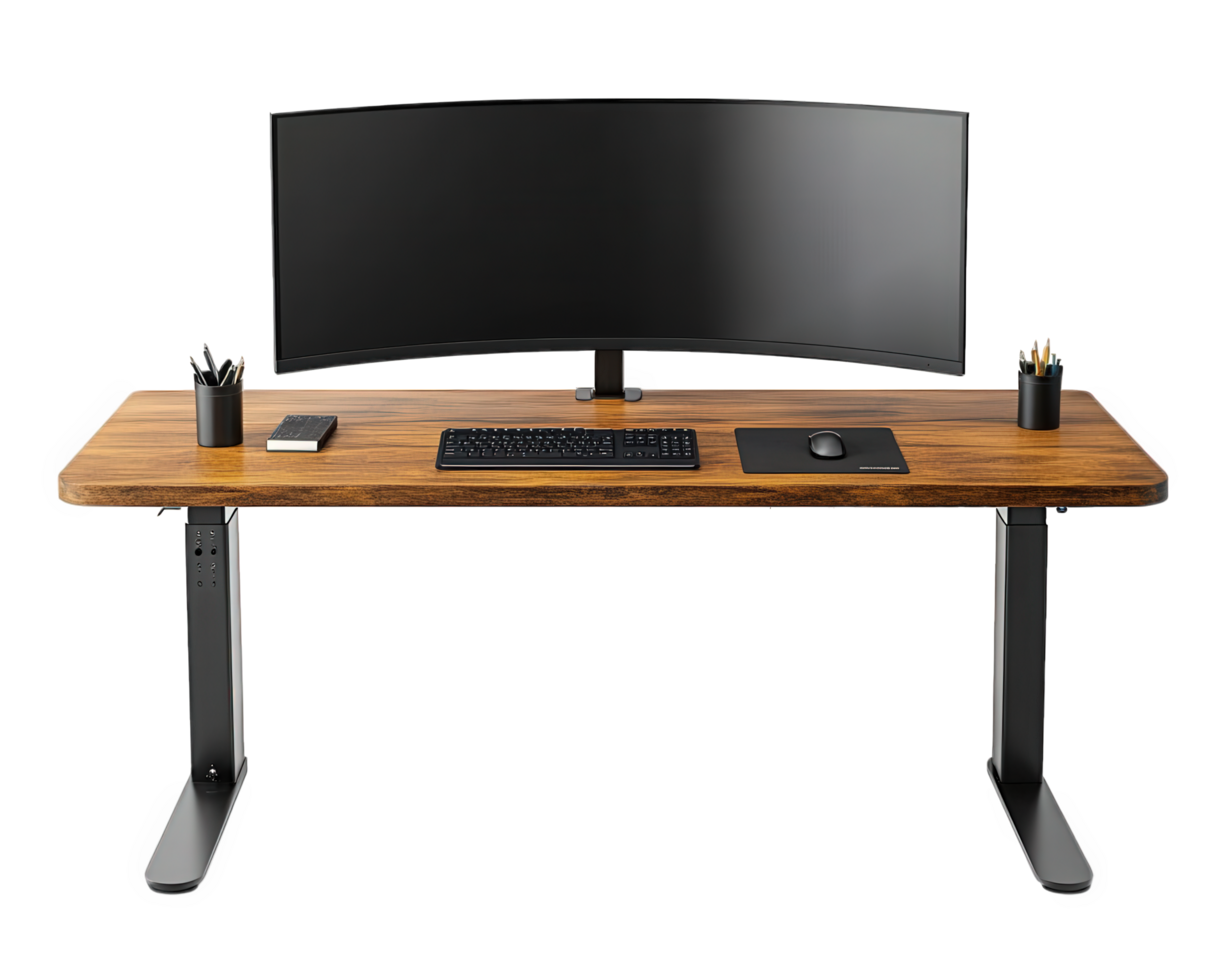 The desk is made from wood and has a monitor and keyboard png