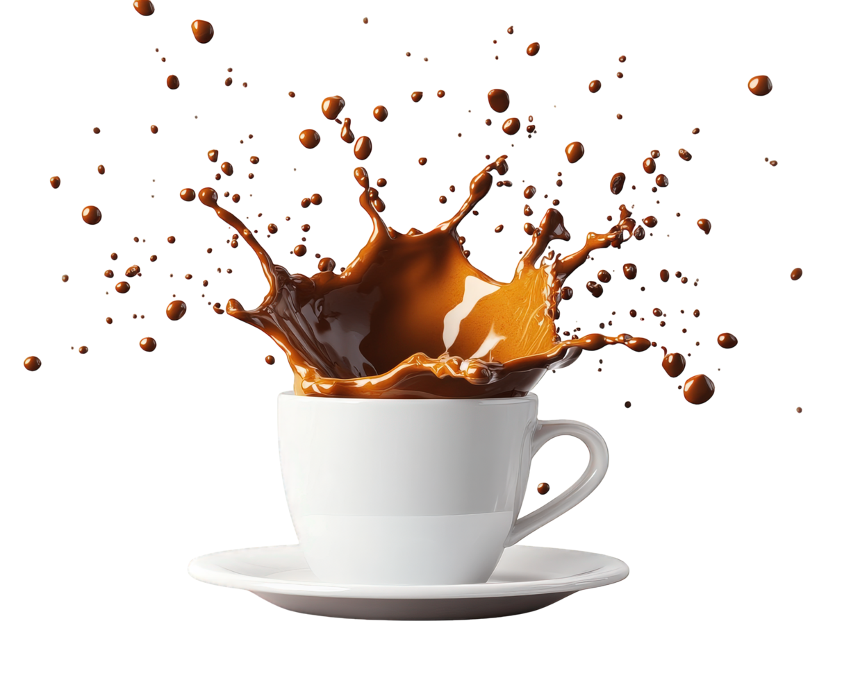 A cup of coffee with chocolate splashing into it png