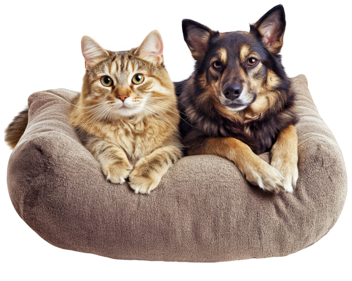 A dog and cat sitting on a dog bed png