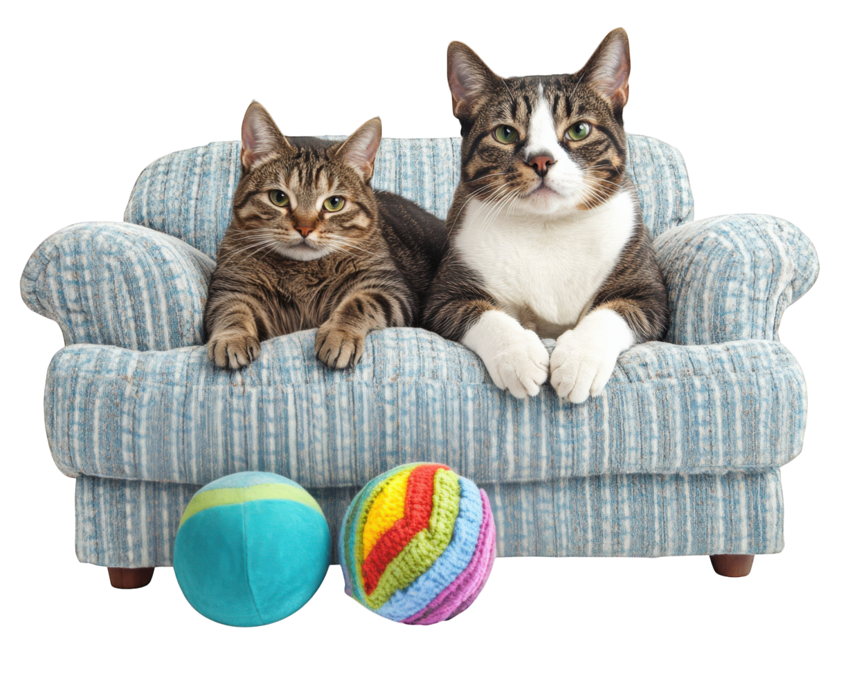 Two cats sitting on a couch with a ball png