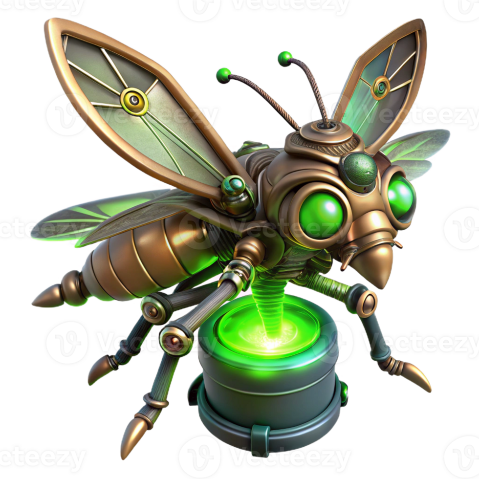 serene classic A steampunk insect with metallic wings and glowing eyes, perched on a gear, lit by a bioluminescent green light, in a highly detailed, realistic style exclusive png