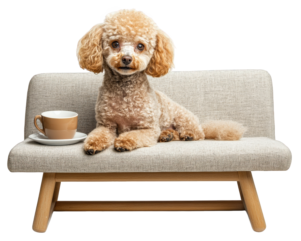 A poodle sitting on a couch with a cup of coffee png