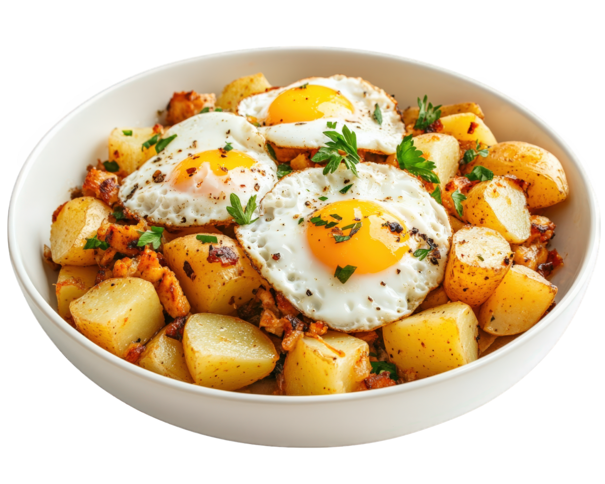A bowl of potatoes and eggs with a fried egg png