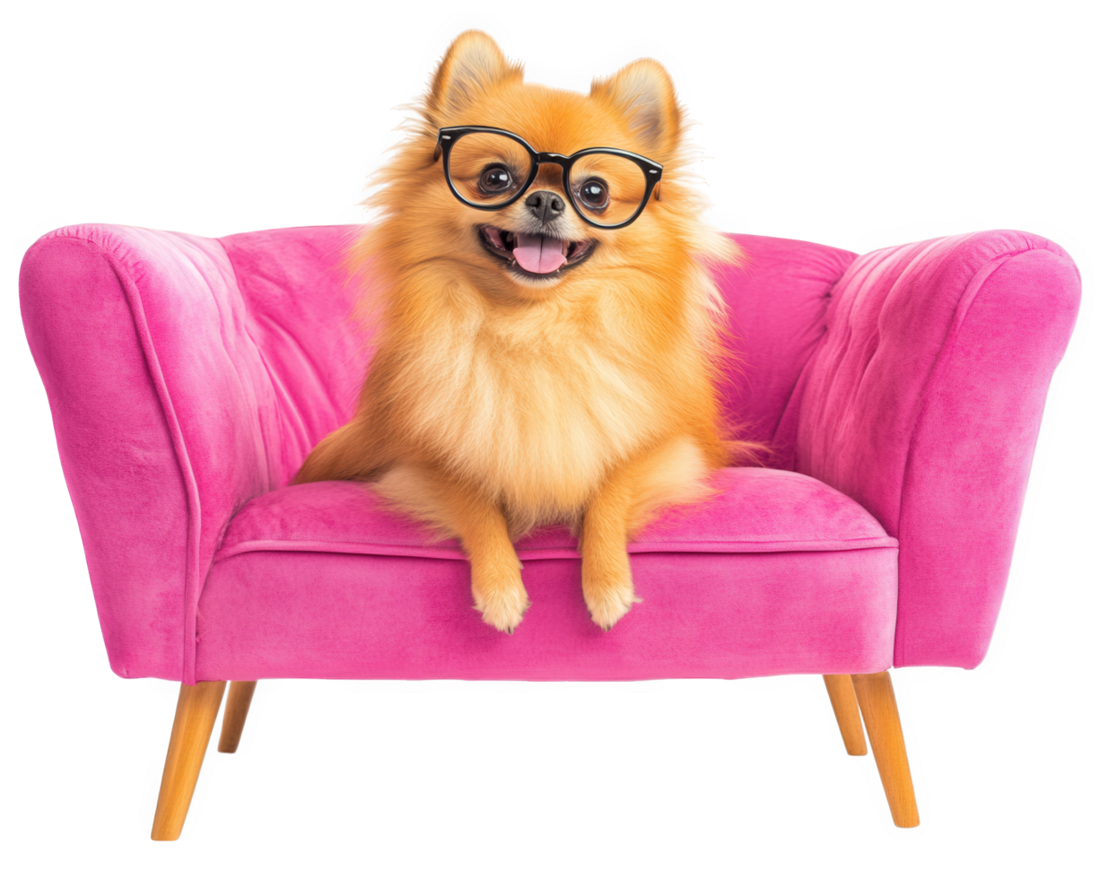 Pomeranian dog sitting on a pink chair with glasses png