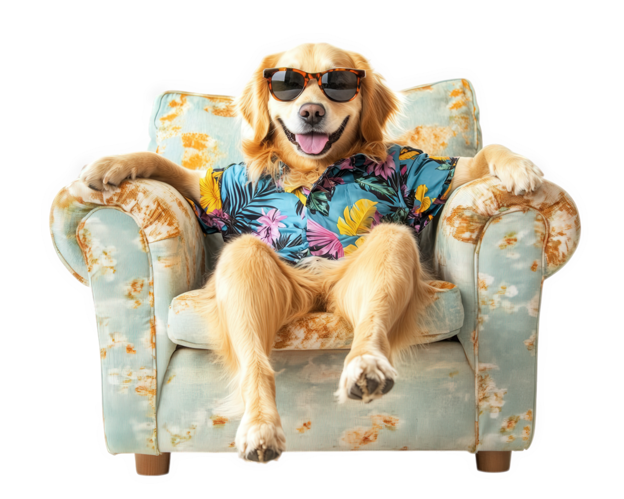 A dog wearing sunglasses sitting on an armchair png