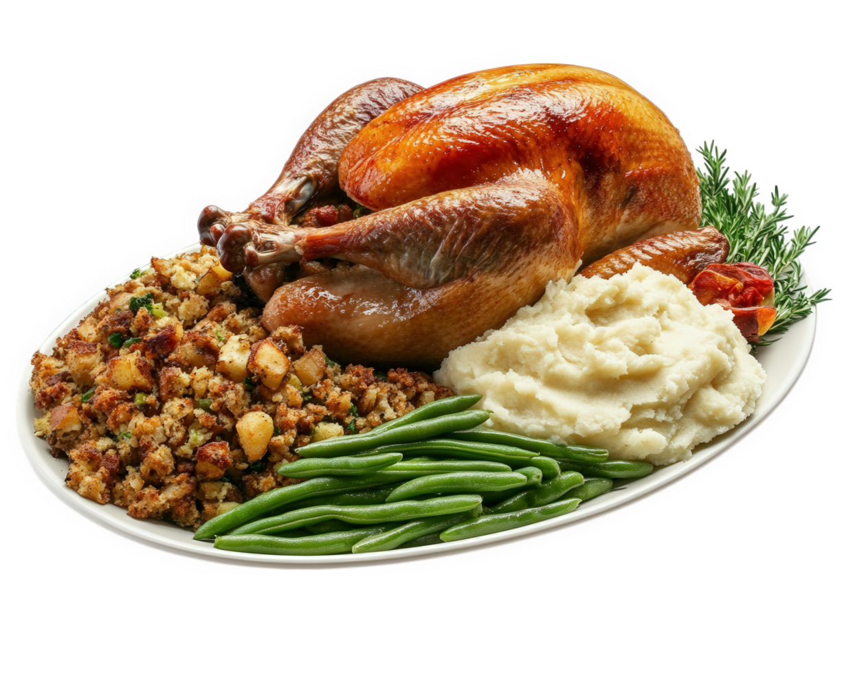 A plate with a turkey, mashed potatoes, green beans and mashed potatoes png