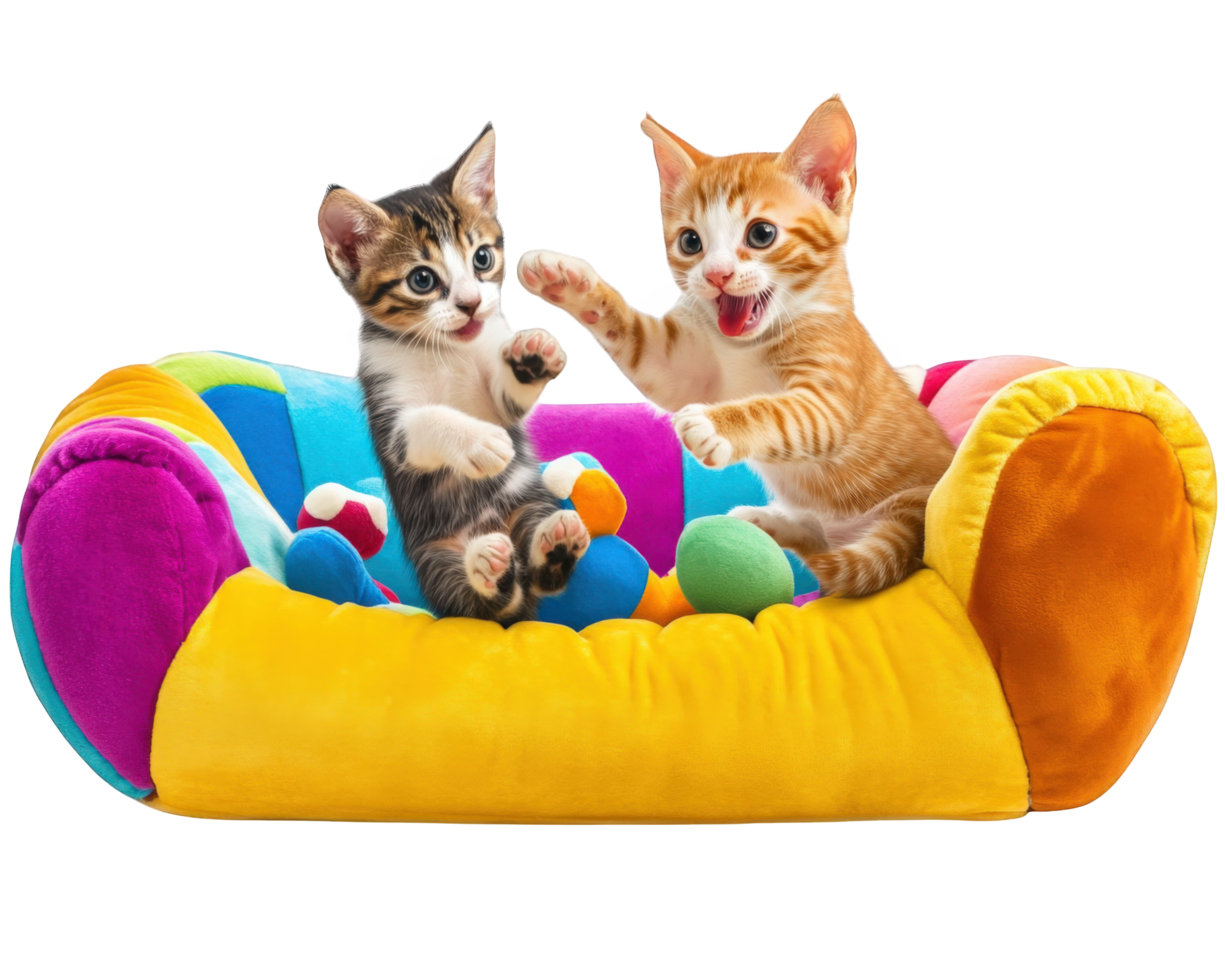 Two kittens playing on a colorful pet bed png