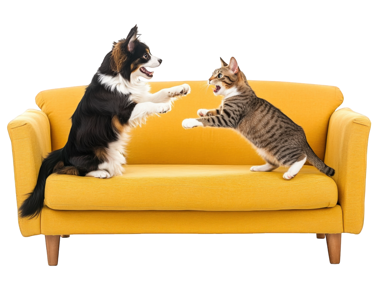 A dog and cat playing on a couch png