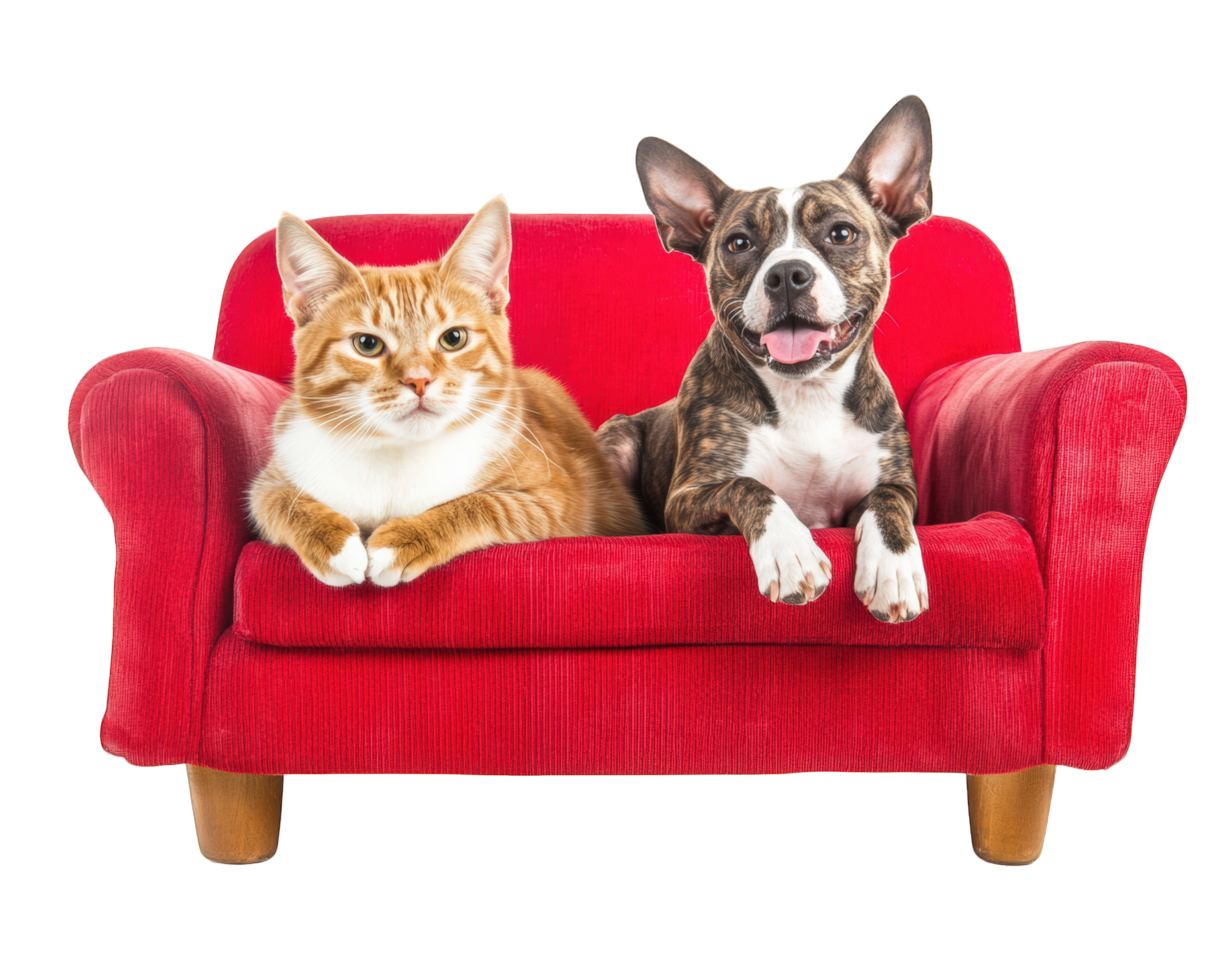 A cat and dog sitting on a red couch png