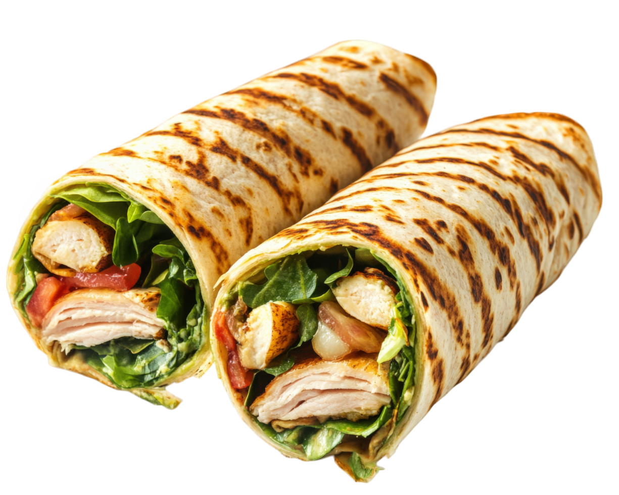 Two wraps with chicken and spinach on a black background png