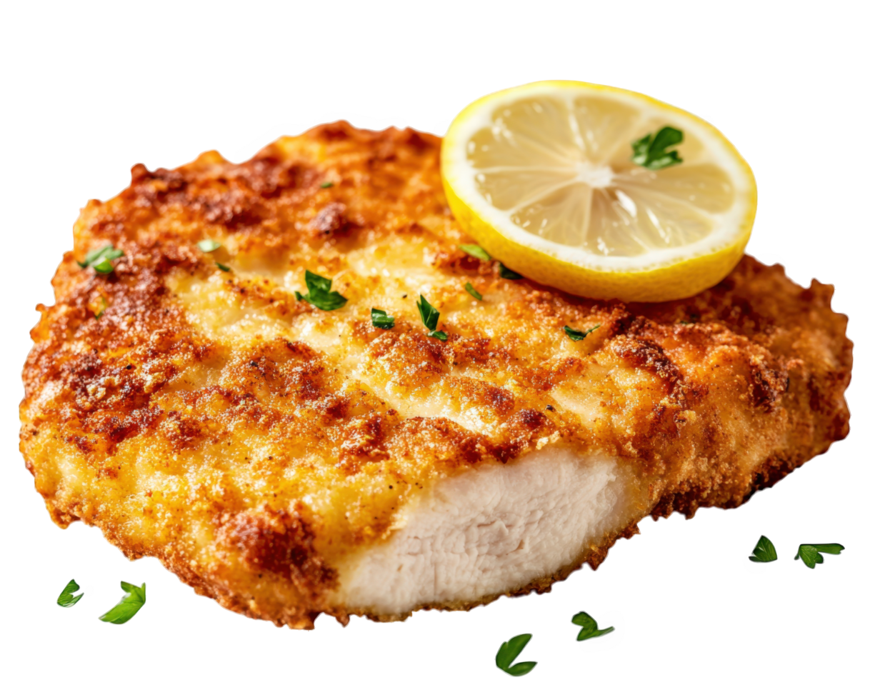 Chicken cutlet with lemon on black background png