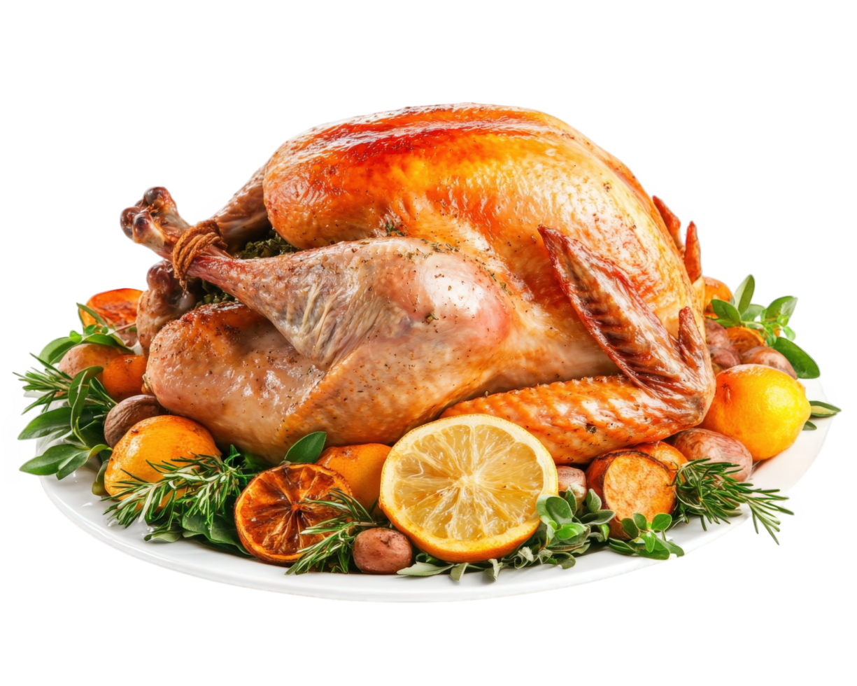 A turkey with oranges and herbs on a plate png
