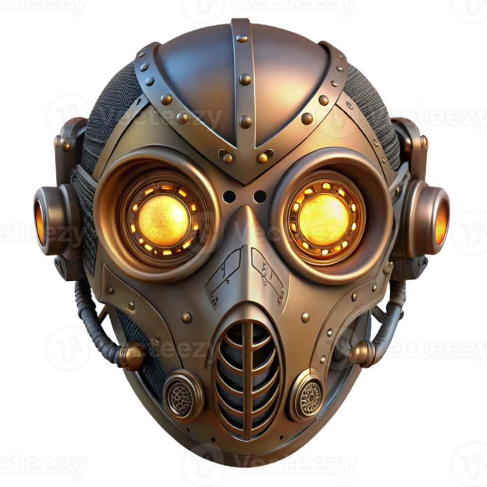 dramatic creative A steampunk mask with intricate filigree and glowing lenses, lit by a dramatic, theatrical light, in a highly detailed, realistic style 4K png