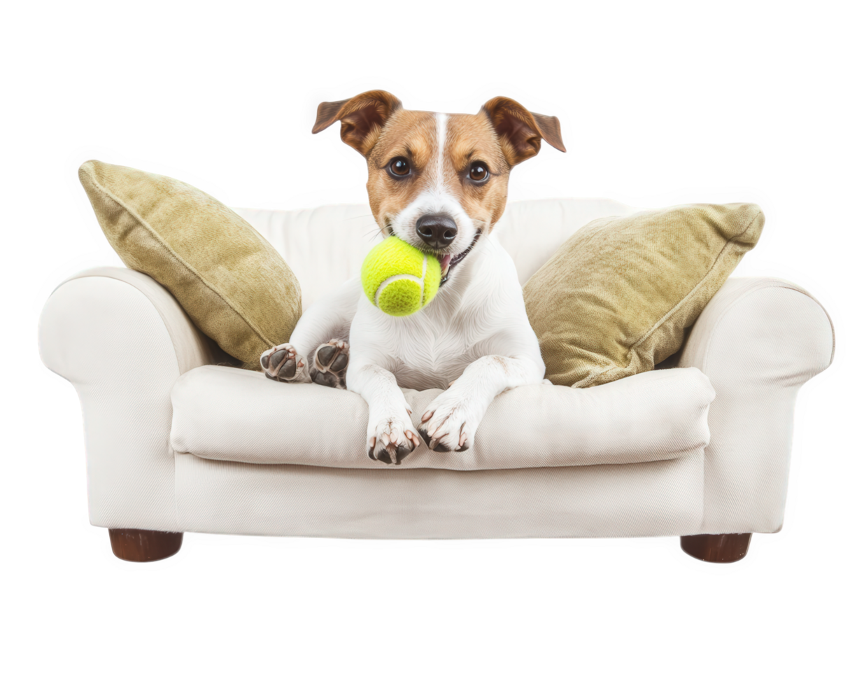 A dog sitting on a couch with a tennis ball in its mouth png
