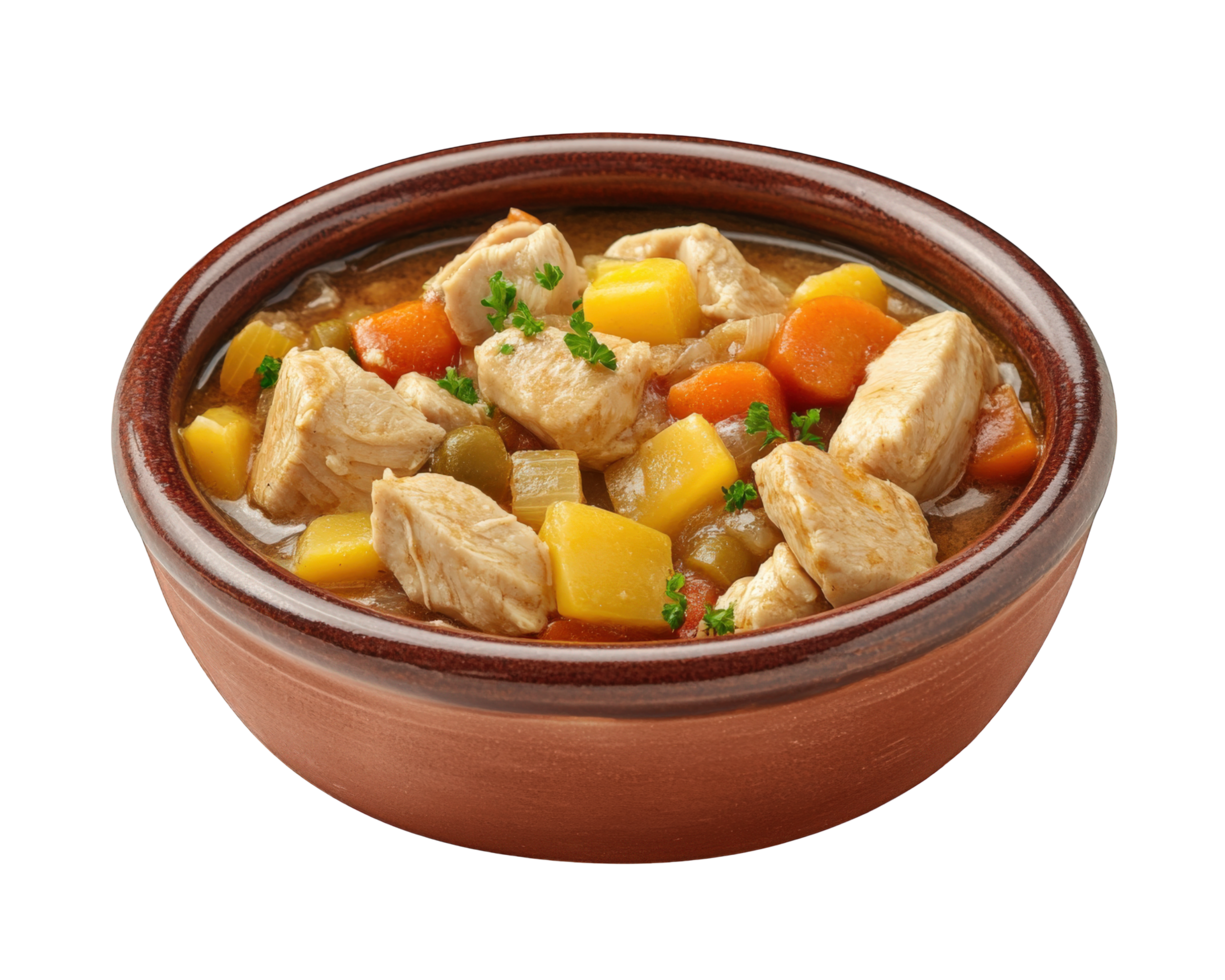 A bowl of chicken and vegetable stew with a spoon png