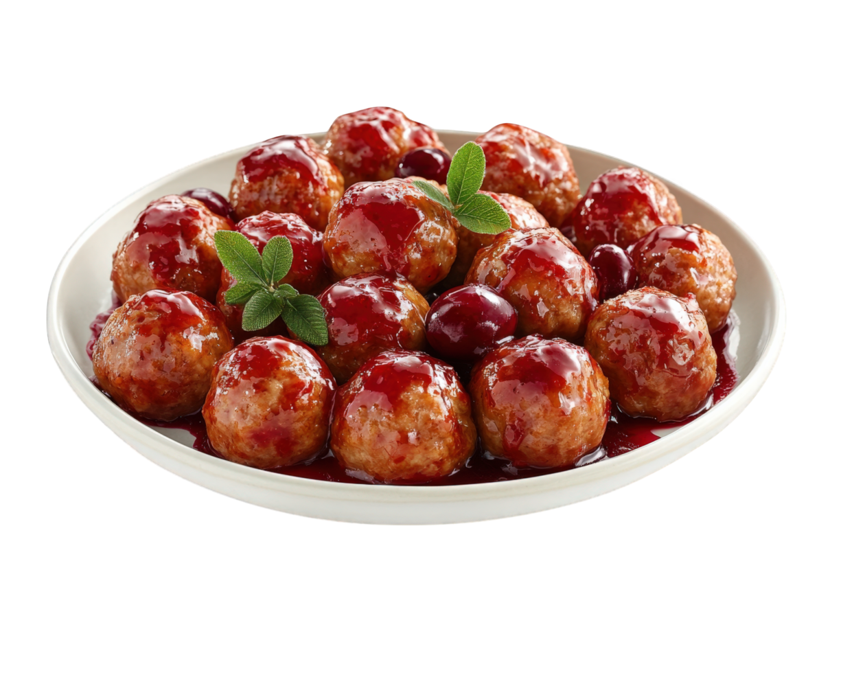 A plate of meatballs with cherry sauce on top png