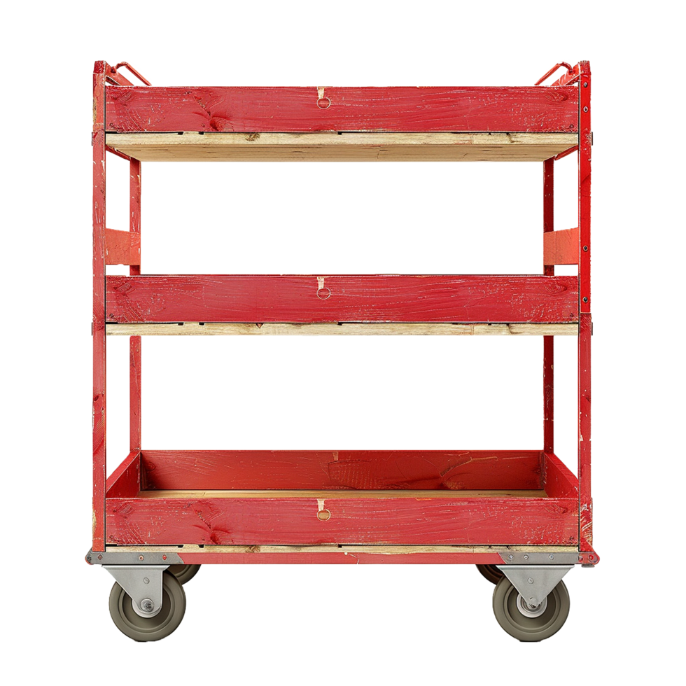 Rustic Red ThreeTiered Wooden Cart with Metal Frame and Wheels png