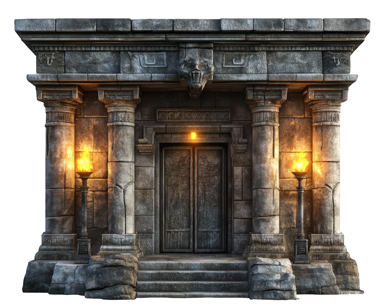 An ancient stone building with a door and two lamps png