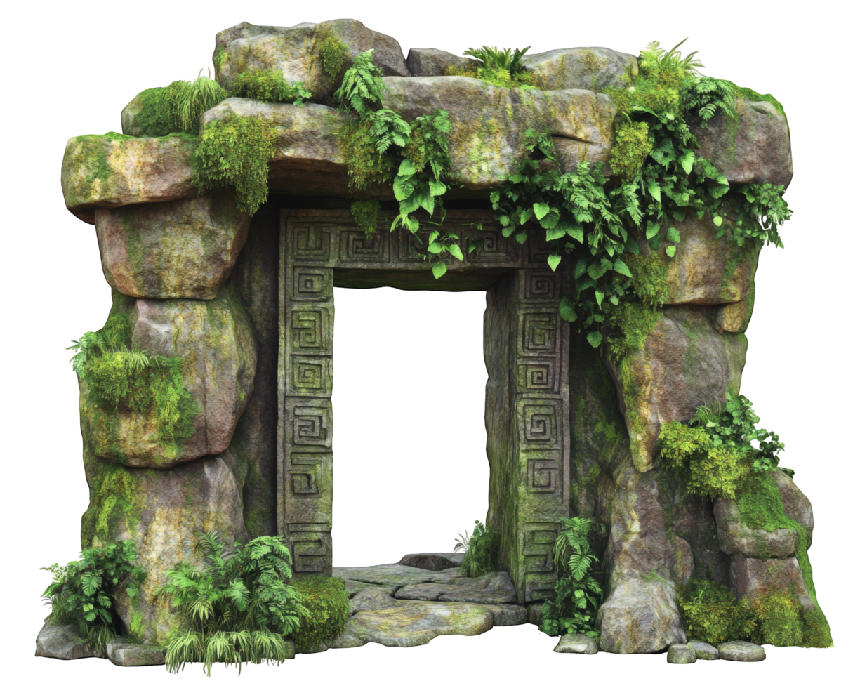 An entrance to a cave with plants growing on it png