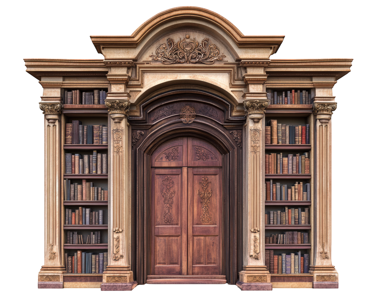 An old wooden door with bookshelves in front of it png