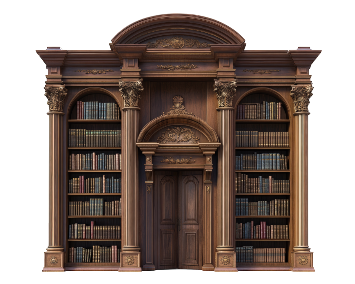 An old library with bookshelves and a door png