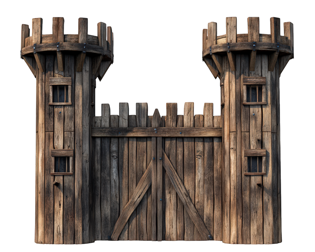 A wooden gate with two wooden towers png