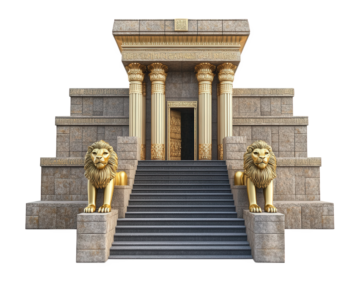 Ancient egypt temple with two lions on the steps png