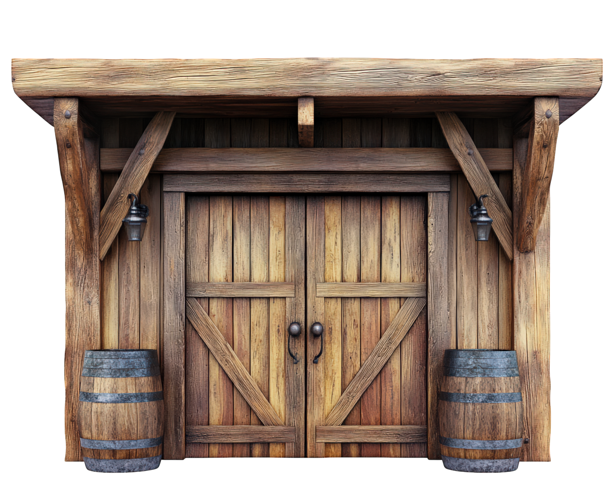 A wooden door with two barrels in front of it png