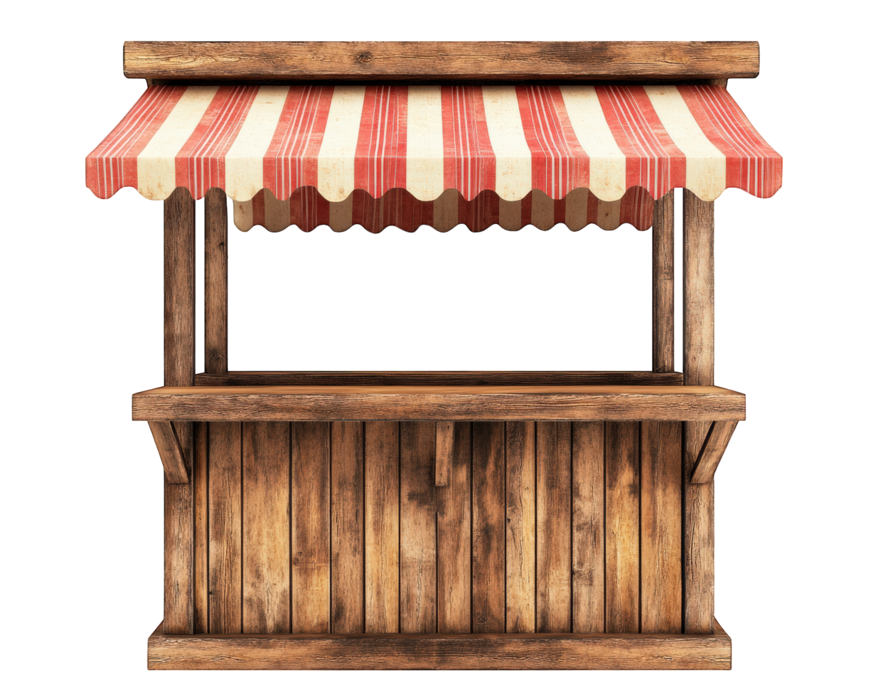 A wooden food stand with a red and white awning png