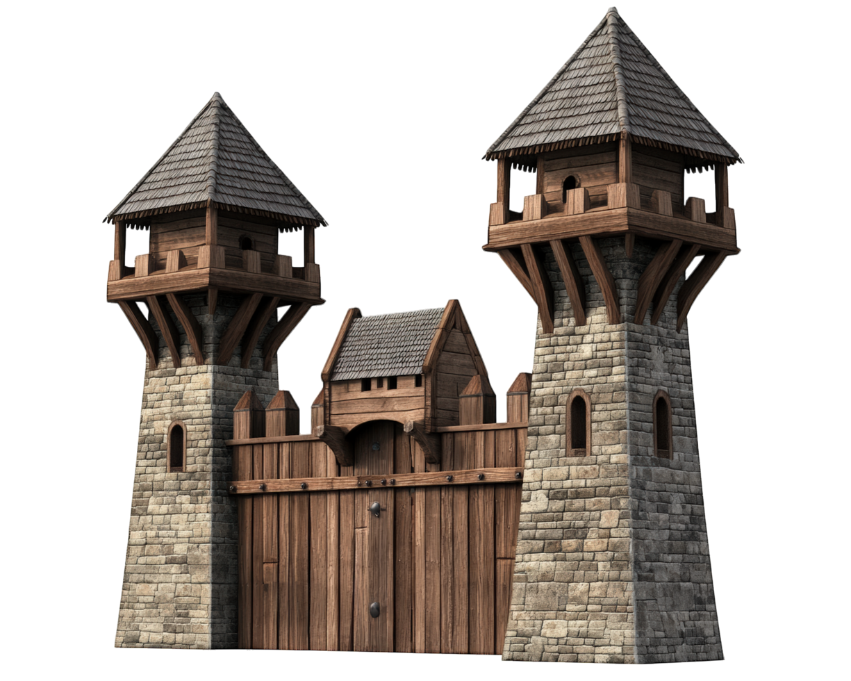 A medieval castle with two towers and a gate png