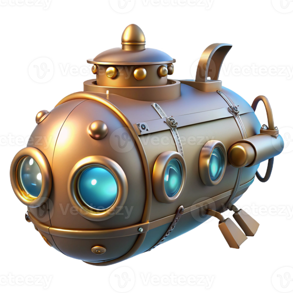 vibrant classic A steampunk submarine exploring the depths of the ocean, with glowing portholes and intricate brass details, lit by an underwater glow, in a mysterious, adventurous style detailed png
