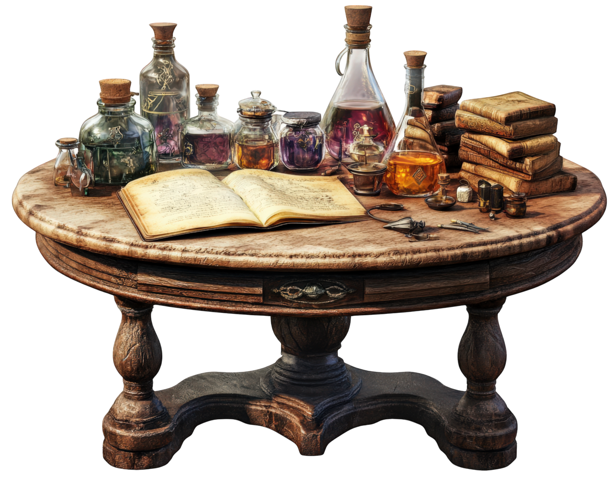A table with bottles and books on it png