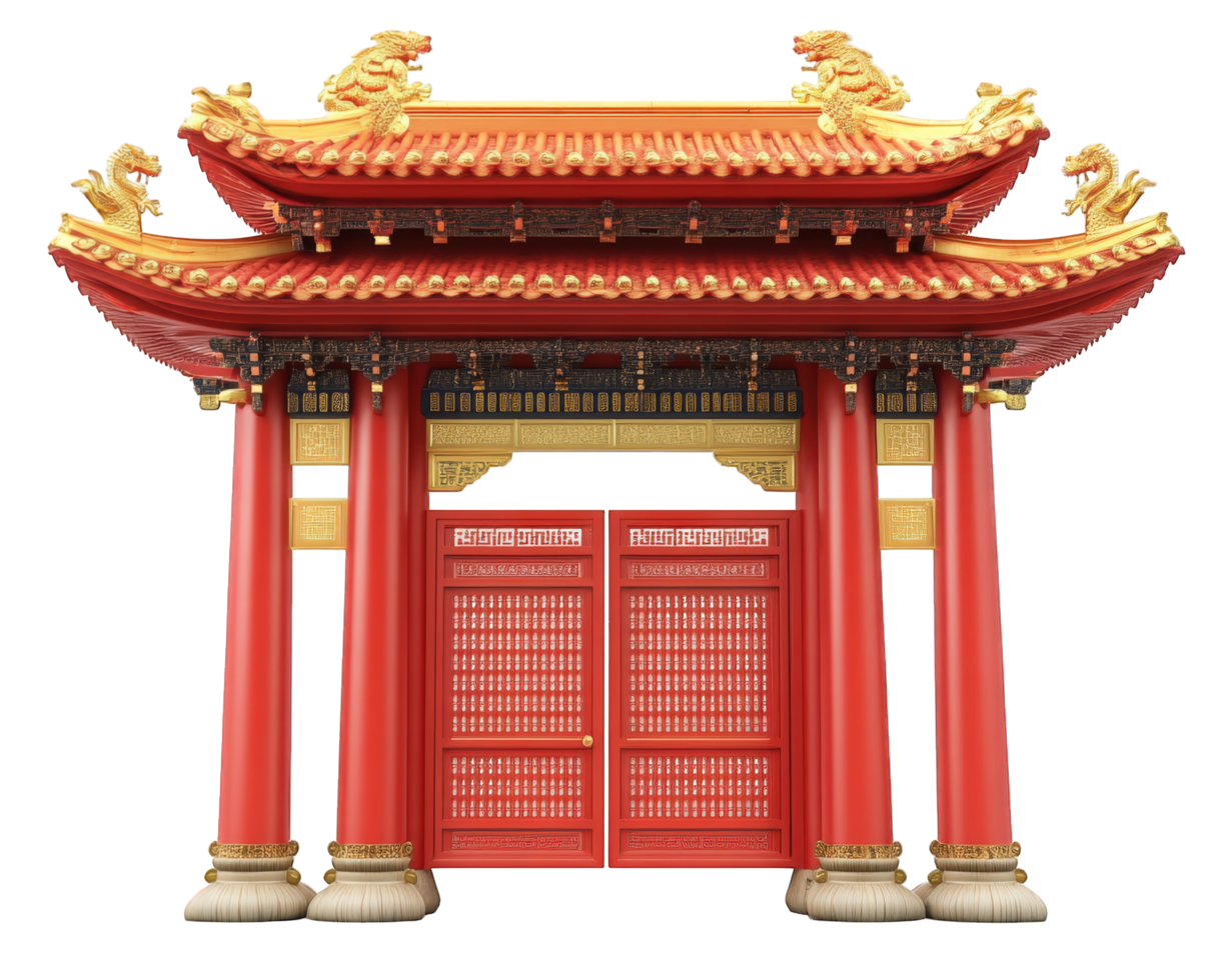 Chinese gate with red door and gold pillars png