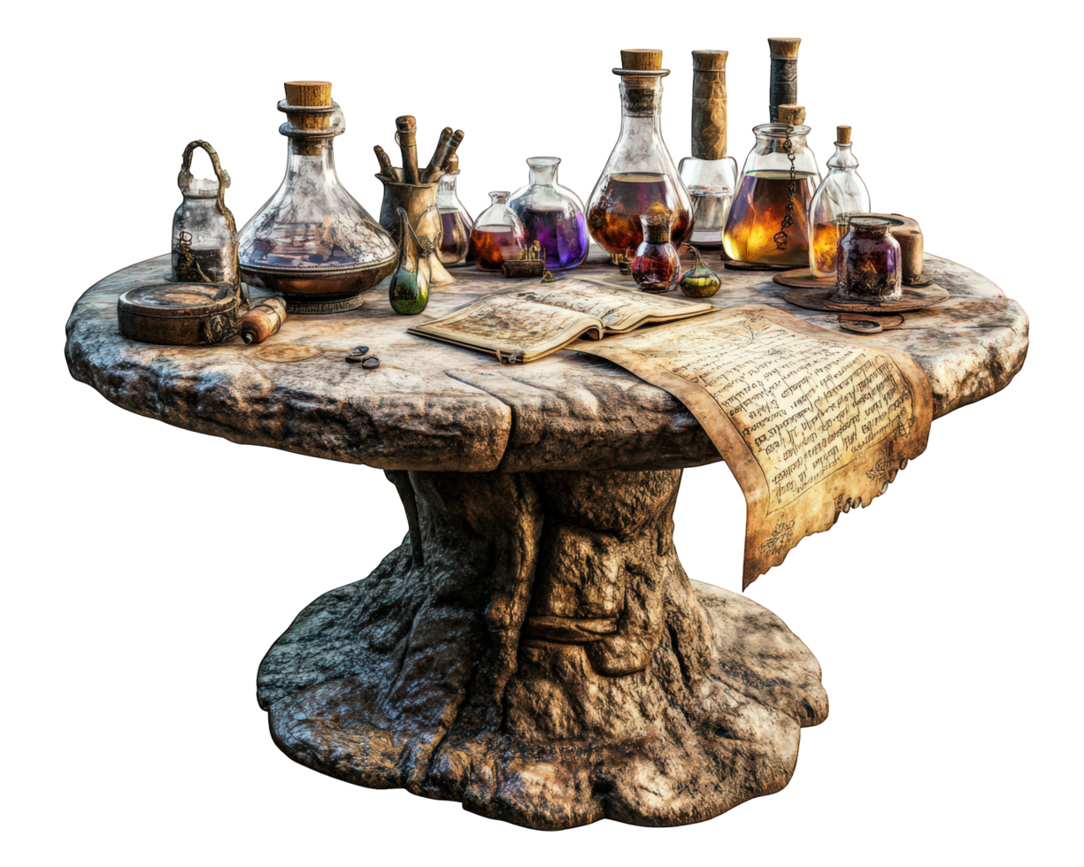 A table with bottles and other items on it png