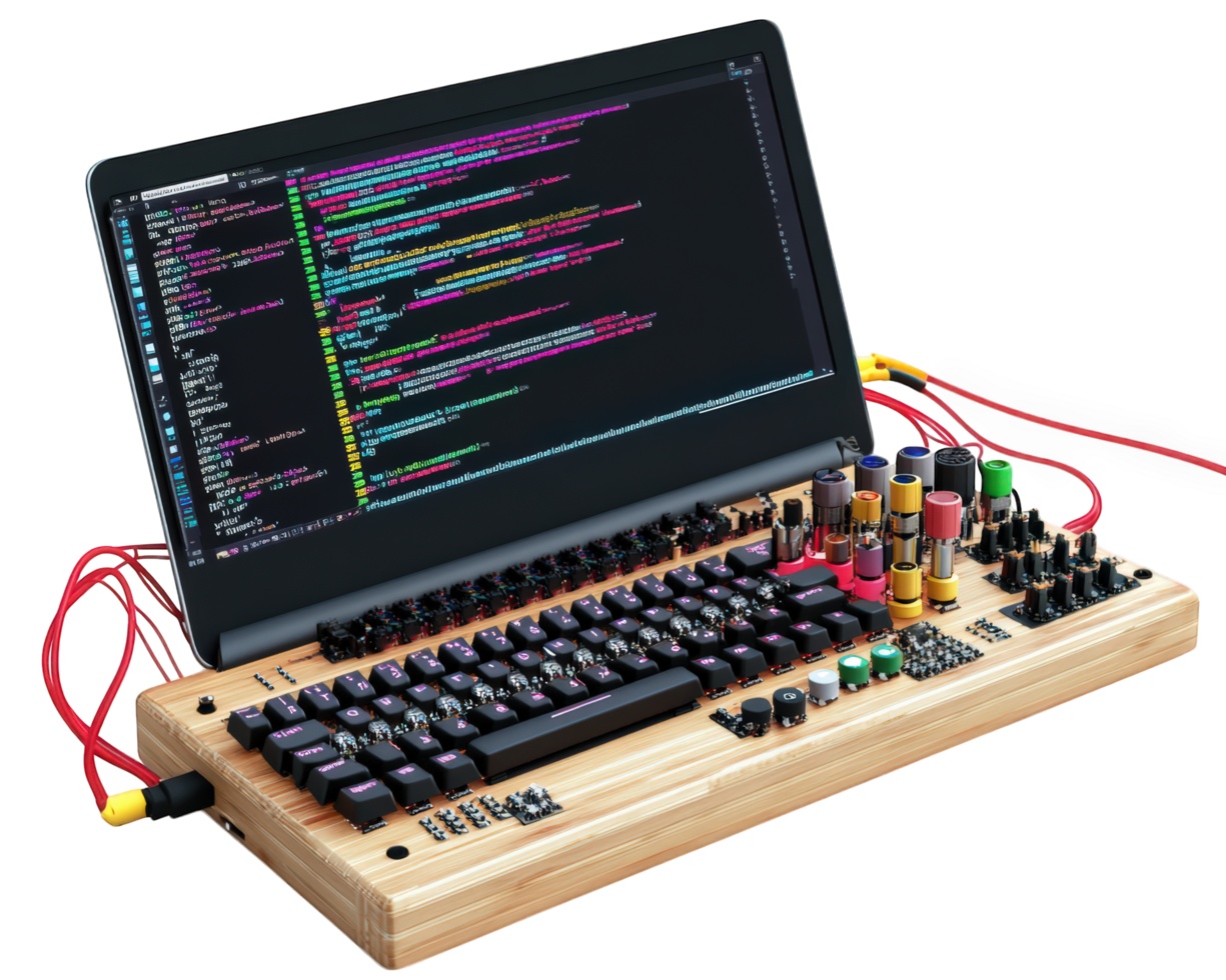 A wooden computer with a keyboard and mouse png