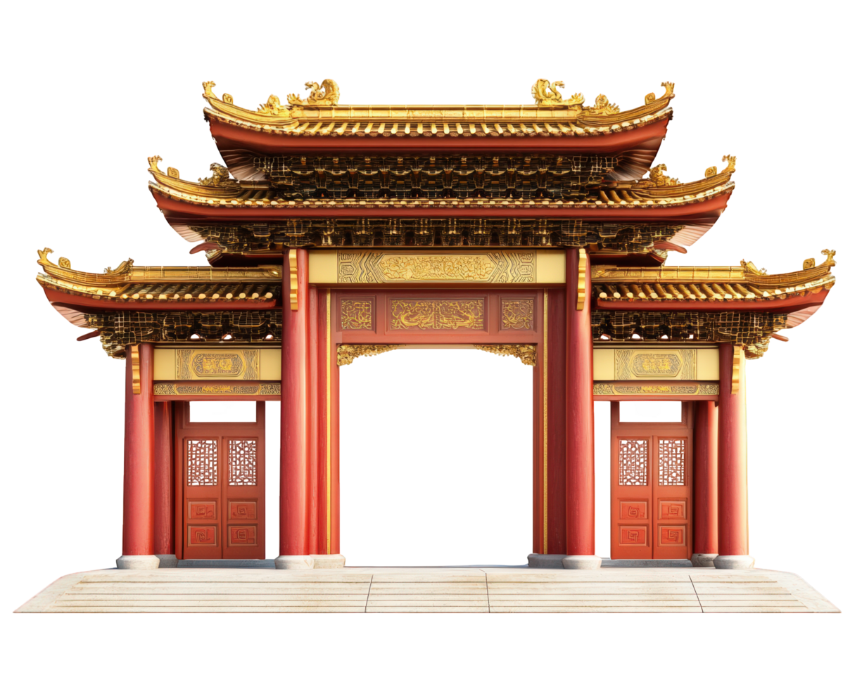 Chinese gate with red and gold decorations png