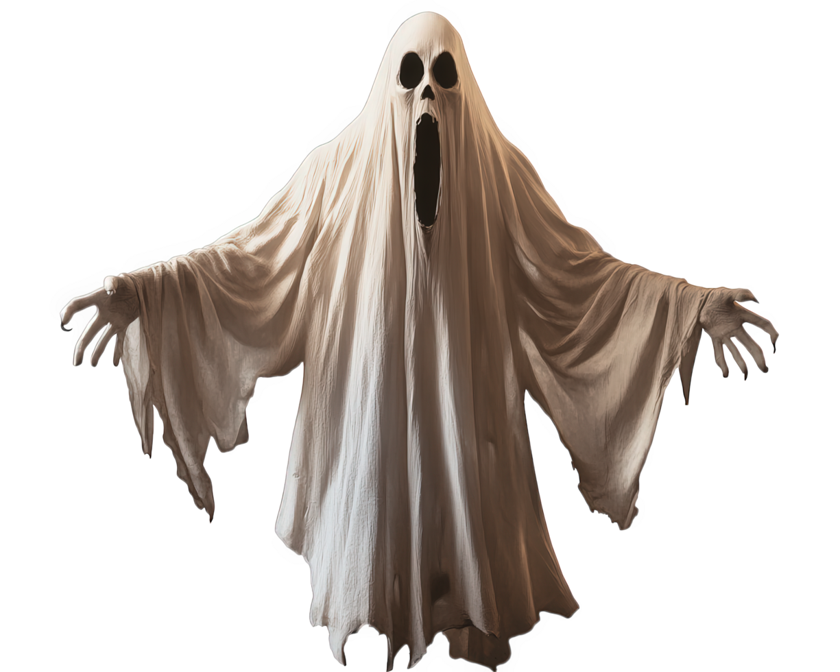 A ghost with a white robe and a black background png