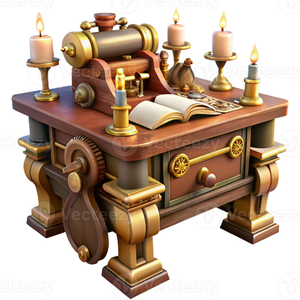 wonderful artistic A steampunk writing desk with intricate gears and levers, adorned with quills and inkwells, lit by a warm, inviting light, in a classic, vintage style high resolution png