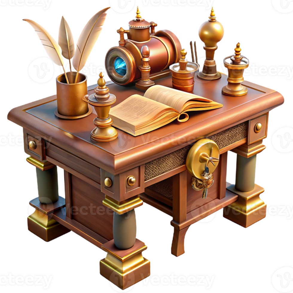 vibrant creative A steampunk writing desk with intricate gears and levers, adorned with quills and inkwells, lit by a warm, inviting light, in a classic, vintage style original png