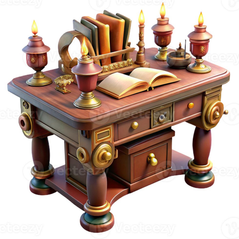 magnificent rustic A steampunk writing desk with intricate gears and levers, adorned with quills and inkwells, lit by a warm, inviting light, in a classic, vintage style premium png