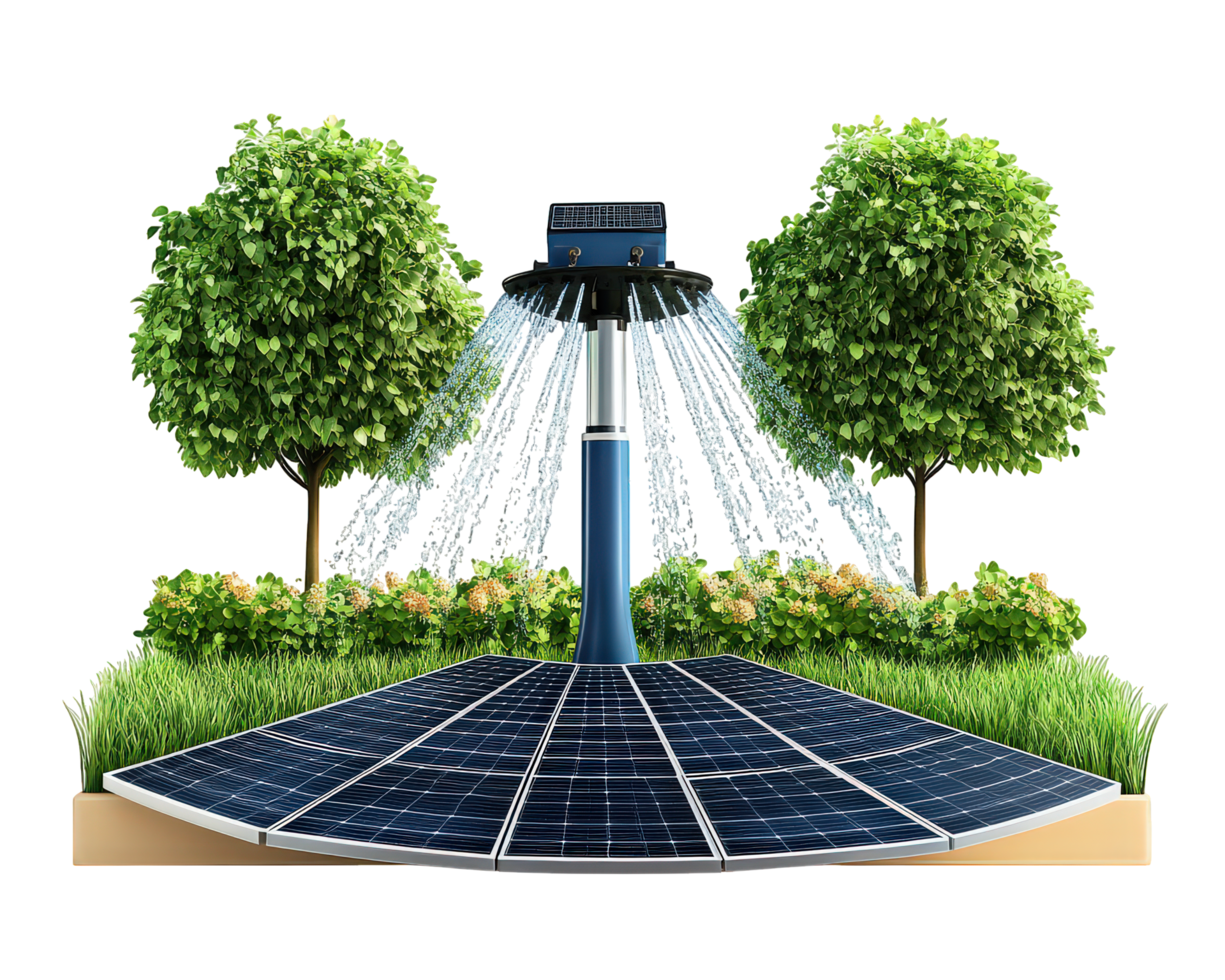 A solar powered sprinkler with trees and grass png
