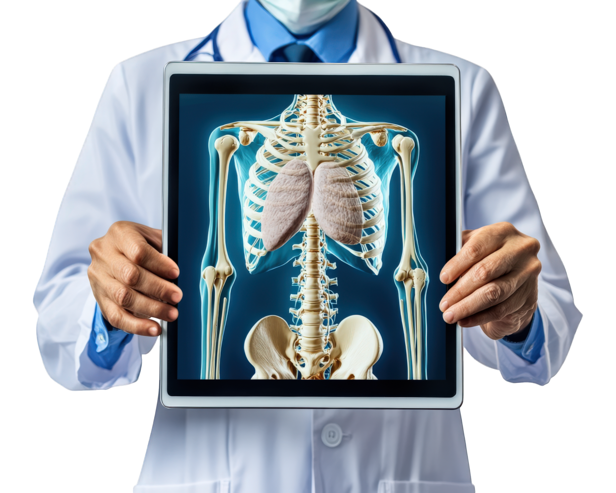 A doctor holding up a tablet with a skeleton on it png