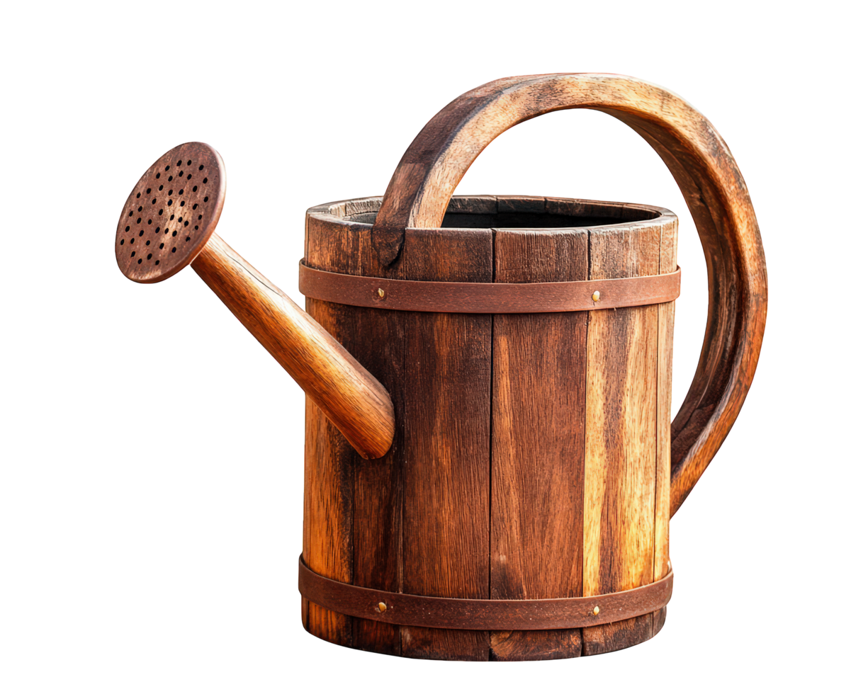 A wooden watering can with a wooden handle png
